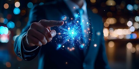 Poster - Businessman in Suit Pointing at a Growing Graph with Blue Light Effect Representing Success and Growth in Finance and Market Trends
