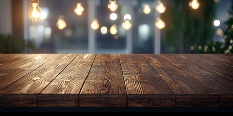 Poster - Dark Wooden Table with Blurred Background Suitable for Displaying Products or Creating Atmospheric Photographs in Studio Settings