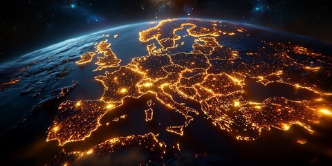 Wall Mural - Stunning Aerial View of Europe at Night with Bright City Lights and Starry Sky Highlighting the Beauty of our Planet from Space Perspective
