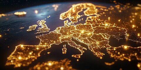 Wall Mural - Stunning Aerial View of Europe at Night with Bright City Lights and Starry Sky Highlighting the Beauty of our Planet from Space Perspective