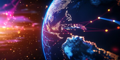 Fototapete - Vibrant Digital Earth in Space with Network Connections Illustrating Connectivity and Technology Overlays at Night from a Satellite Perspective