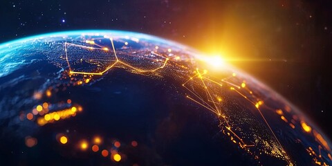 Fototapete - Vibrant Digital Earth in Space with Network Connections Illustrating Connectivity and Technology Overlays at Night from a Satellite Perspective