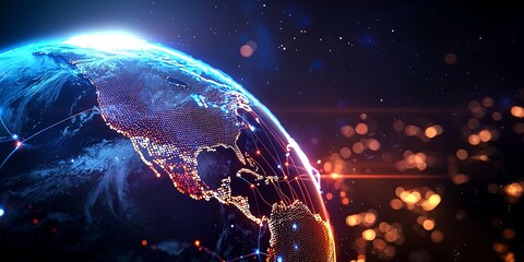 Poster - Vibrant Digital Earth in Space with Network Connections Illustrating Connectivity and Technology Overlays at Night from a Satellite Perspective