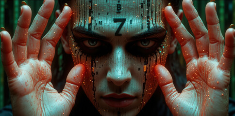 Closeup of a human face and hands with numbers and letters code matrix. Futuristic digital vision concept.
