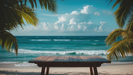 Wall Mural - tropical summer scene with palm trees, blue sky, and ocean waves for a perfect vacation