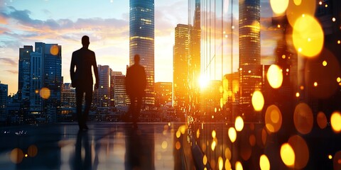 Fototapete - Business Collaboration and Teamwork Concept with Silhouetted Professionals Against City Skyline in Soft Sunrise Light