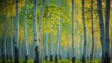 A sprawling collection of tall birch trees in a lush green forest with glowing bright leaves under sunlight