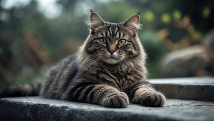 a cute tabby cat with beautiful eyes sits in a natural outdoor background.