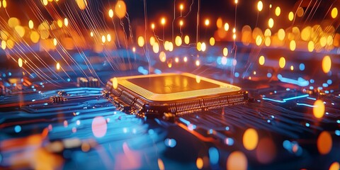 Aufkleber - Close-up View of a Microprocessor Surrounded by a Complex Circuit Board Design in Vibrant Blue Tones Showcasing Technology and Innovation