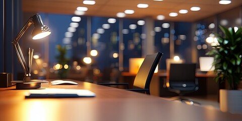 Aufkleber - Blurred Office Space at Night with Dim Lighting and Empty Desks Creating a Calm and Quiet Work Environment for Night Shifts and Late Hours