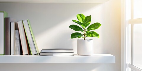Poster - Minimalist interior design showcasing white shelves with books, a small plant, and soft natural light creating a serene and calming atmosphere
