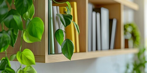 Poster - Modern Minimalist Bookshelf Design with Green Plants and Decorative Accents in Bright Interior Space for Stylish Living Room Aesthetic
