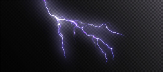 Fototapete - Realistic electric lightning bolt with glowing purple branches on a transparent background. Perfect for weather effects, storm concepts, or dramatic sci-fi and fantasy illustrations.


