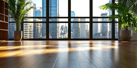 Poster - Modern Office Interior with Large Windows Offering Urban Skyline View, Featuring Wooden Furniture, Shelving, Plants, and Natural Light