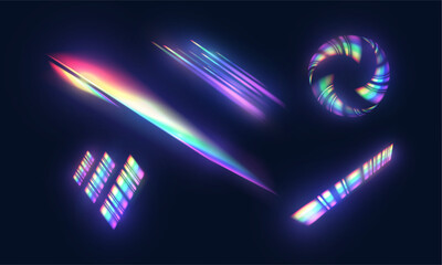 Poster - Set of abstract neon objects with rainbow glow on dark background. Light and refraction vector for use in digital design, interfaces, visual effects, sci-fi animations