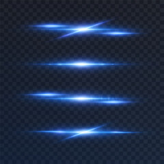 Leinwandbilder - Set of horizontal light flashes with blue glow on transparent background. Elements for simulating lens reflections, backlighting and decorative lines in digital design.