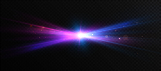 Leinwandbilder - Bright neon flash with violet-blue glow, refracted light rays and scattered particles effect on transparent background.