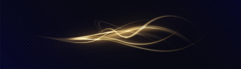 Leinwandbilder - Golden glowing swirl with soft transparency and elegant curve on dark background. Vivid effect for luxury light paths, motion design of game interfaces. Vector