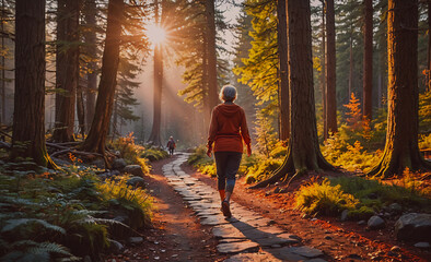 Poster - Woman is walking on a path in a forest. The sun is shining through the trees, creating a warm and peaceful atmosphere