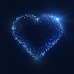 Poster - Heart shape formed by shimmering blue dots with luminescent shine and soft sparkle effects.