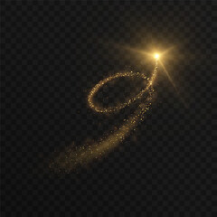 Wall Mural - golden sparkle trail with glowing particles forming a loop and flash of light on a transparent backg