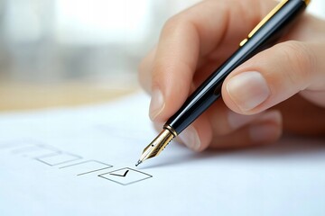 Fototapete - Hand holding pen, ticking checkboxes on a survey or report form in close-up view.