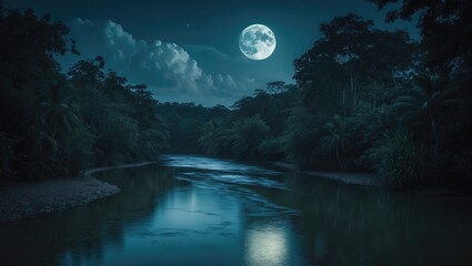 Wall Mural - night scene with full moon illuminating forest and river in a peaceful landscape