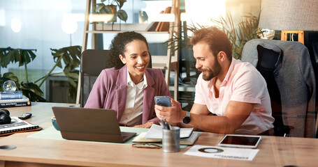 Poster - Laptop, phone or planning with business people at desk for investment or portfolio management. Agenda, collaboration or technology with broker team in office for communication or stock market trading