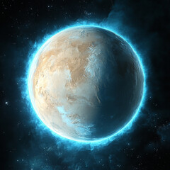 a planet in space that is a sublte beige colour with a bright blue aura glow around it