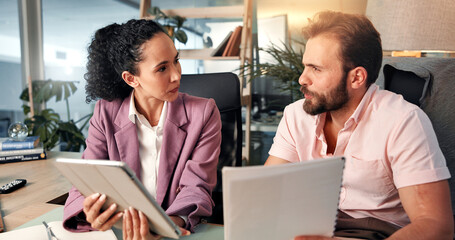 Poster - Business, tablet and man and woman with documents for discussion, planning and collaboration for project. Office, meeting and people with paperwork on tech for online report, research and website