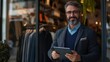 © Johannes - Portrait of the owner of a clothing store at the entrance of the new business with the tablet in hand to analyze the sales, new orders to be sent and check the stocks