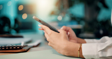 Poster - Hands, business and woman with smartphone, night and typing with email for banking update. Closeup, person and financial advisor in office, evening and cellphone with digital app for message and text