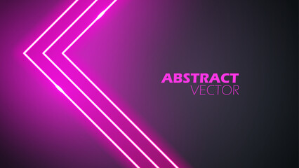 Fototapete - Futuristic abstract background. Neon glowing purple arrow pointer on black background. Glowing light sign. Neon arrow. Vector illustration.