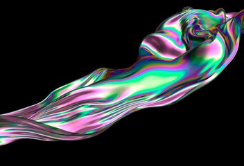 Poster - Abstract 3D illustration of shimmering holographic flowing fabric with green, pink and purple hues on a dark background, evoking a sense of movement and fluidity.
