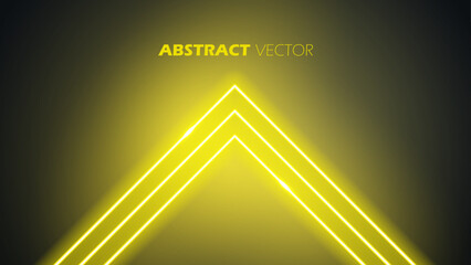 Poster - Futuristic abstract background. Neon glowing yellow arrow pointer on black background. Glowing light sign. Neon arrow. Vector illustration.