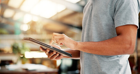 Aufkleber - Scroll, college and hands of student with tablet for online research, website and internet course. University, library and person on digital tech for education, learning and knowledge at campus