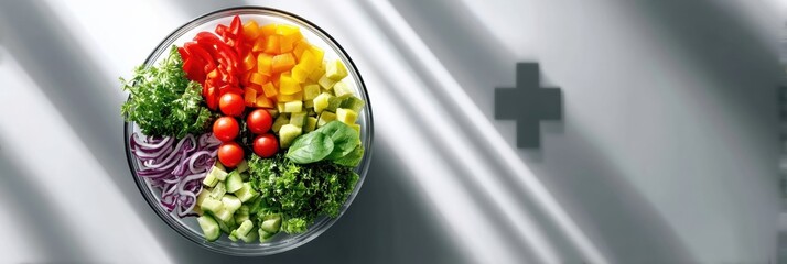 Aufkleber - Fresh Salad Bowl Featuring Rainbow Ingredients With a Medical Cross Shadow on a Light Surface