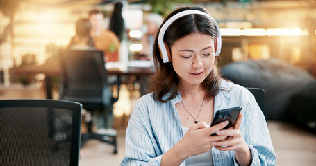 Fototapete - University, smartphone and woman in library, headphones and social media with communication. Streaming music, student or person with headset, cellphone or education with digital app for radio or song