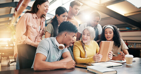Aufkleber - Students, friends or tablet with surprise, education or university website with test results. Good news, college pr people in library, tech or exam report with scholarship, shock or email for funding