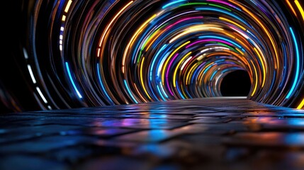 Poster - Futuristic tunnel of glowing data lines in vibrant blue and orange hues
