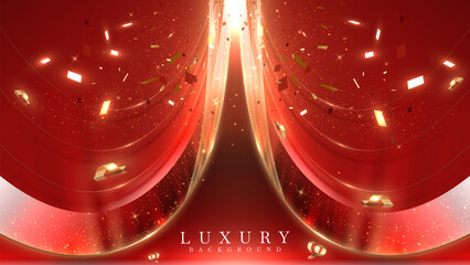 Wall Mural - Luxury red background with sparkling light effects and bokeh with golden curves. This elegant grand opening backdrop design concept is perfect for product promotions and award ceremonies.