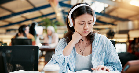 Aufkleber - College, headphones or woman in library reading book, project or course for assignment information. Knowledge, learning or girl studying with education for exam, academy research or university test