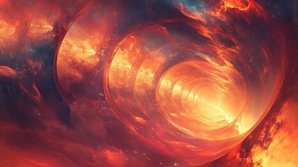 Wall Mural - fiery abstract tunnel leads to bright light, surrounded by red and orange nebulae