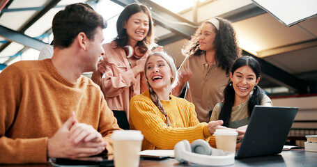 Aufkleber - Students, group and laptop with celebration, university or college website with test results. Friends, feedback or people in library, tech or success with scholarship, funding approval or exam report