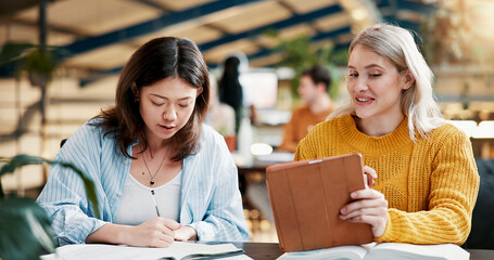 Leinwandbilder - Education, teamwork and women with tablet, college and discussion for assignment, online and classroom. Knowledge, smile and studying with tech for exam, web and people with scholarship in university