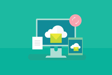 Wall Mural - cloud data synchronization, cloud email technology, cloud computing, business email hosting, cloud e