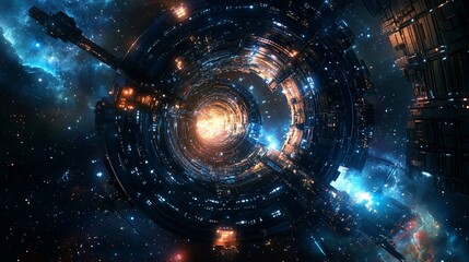 Wall Mural - futuristic space station with celestial background, illuminated by glowing lights