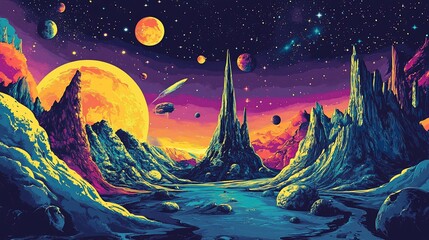 Wall Mural - cosmic landscape. celestial spheres float above rocky terrain, evoking a feeling of wonder within an