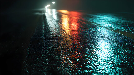 Reflections dance on the rain slicked asphalt creating a symphony of light and urban texture