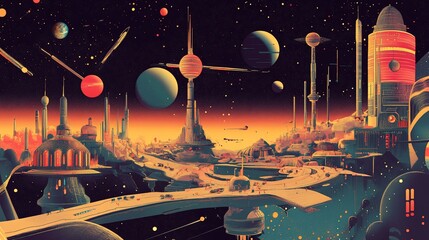 Wall Mural - futuristic metropolis, vibrant structures. cityscape nestled amongst planets and a vibrant orange co